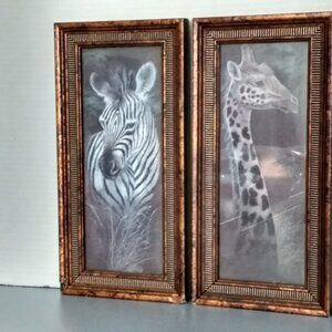Set of Zebra & Giraffe Animal Prints by Ruane Manning  Framed 5" x 13" each.